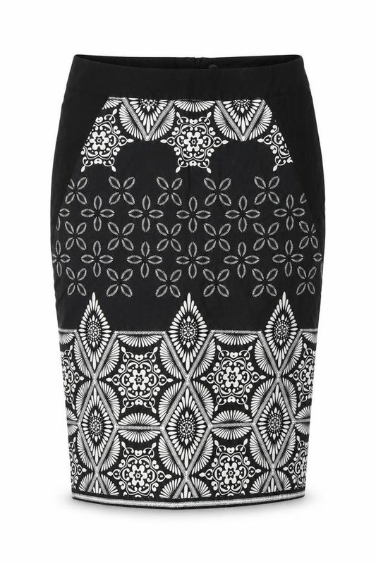 Front view of dorophy perkins women’s black floral straight & pencil skirt, size UK 12