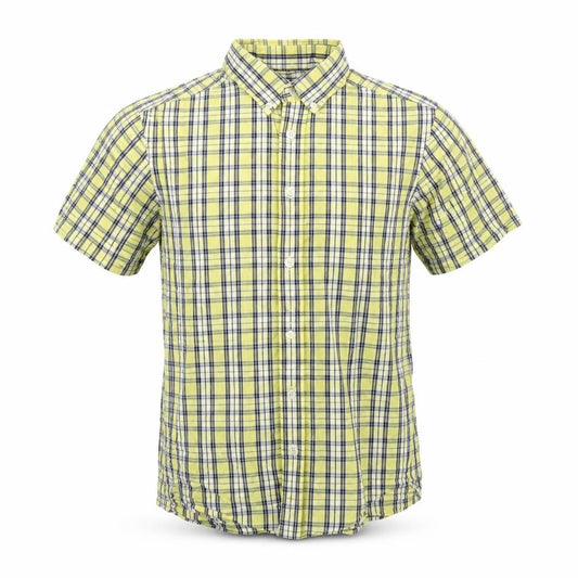 Front view of Blue Harbour men’s yellow plaid button-up, size S