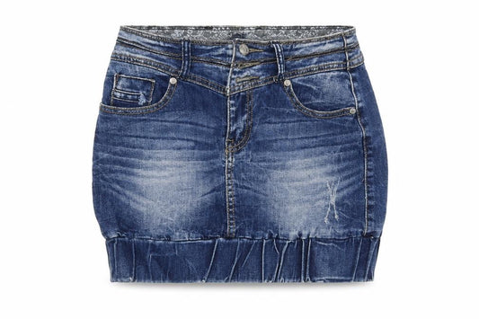 Front view of KangaROOS women’s blue flare skirt, size UK 27, in