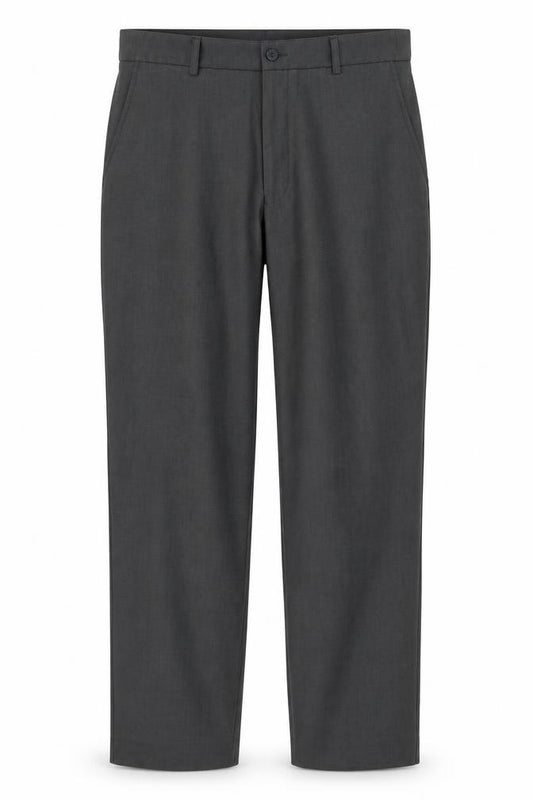 Front view of Preworn men’s grey trousers, size 34, in, 29-inch leg