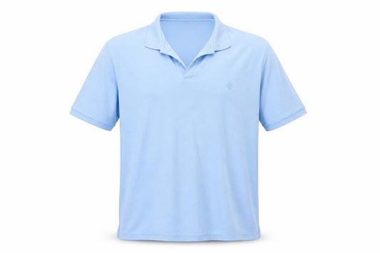 Front view of Cottonique men’s blue jersey polo, size XL
