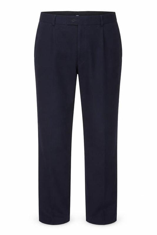 Front view of Preworn men’s blue trousers, size 34, in, 27-inch leg