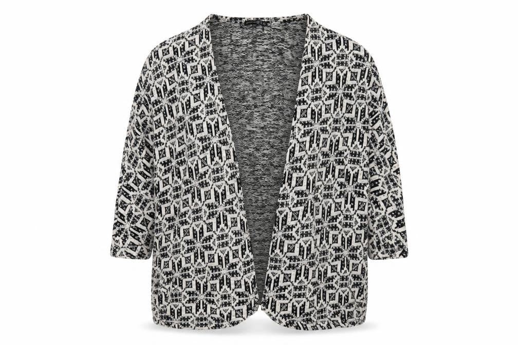 Front view of Atmosphere women’s beige geometric cardigan jumper, size M