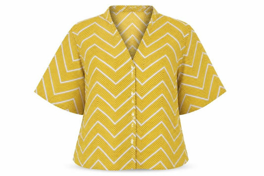 Front view of Boohoo women’s yellow striped basic button-up, size UK 8