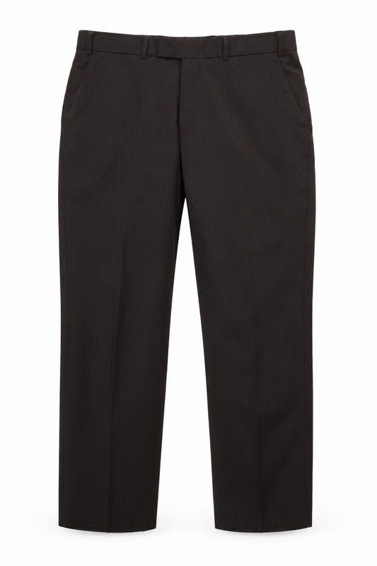 Front view of limehaus men’s brown striped trousers, size 36, in, 28-inch leg