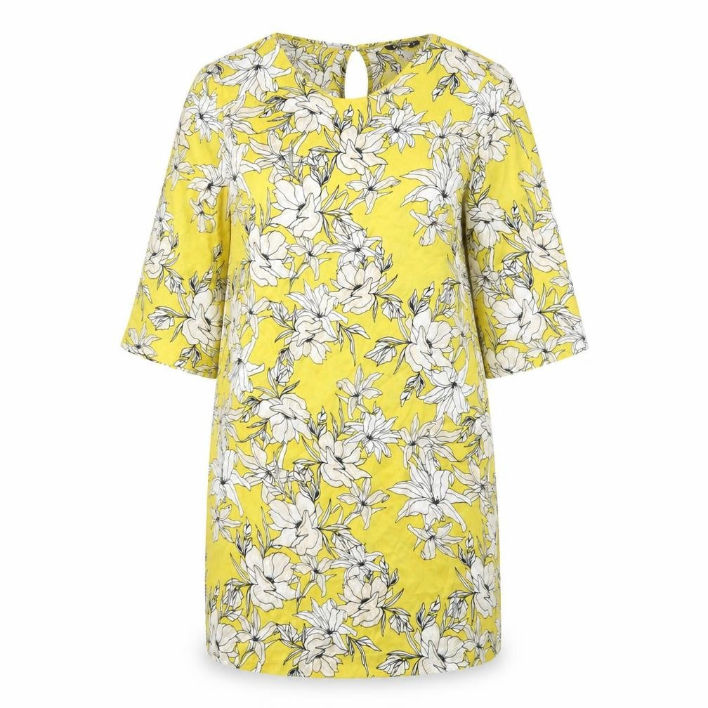 Front view of Kelso women’s yellow floral sheath, size UK 10