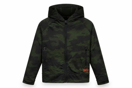 Front view of US Athletic boys’ green camouflage jacket, size 6, years
