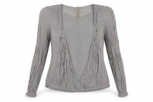 Front view of Topshop women’s grey wrap blouse, size UK 8