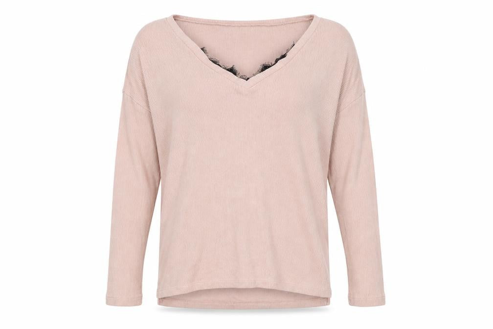 Front view of River Island women’s pink striped knit jumper, size UK 6, - lace neckline