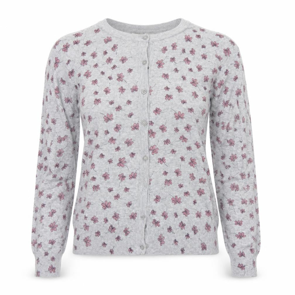Front view of Atmosphere women’s grey floral knit cardigan jumper, size UK 4