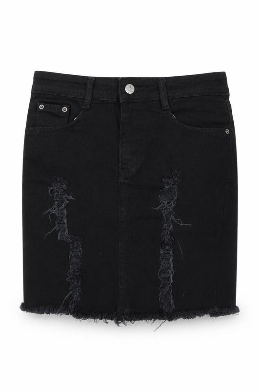 Front view of Oromiss women’s black denim straight & pencil skirt, size UK 30, in