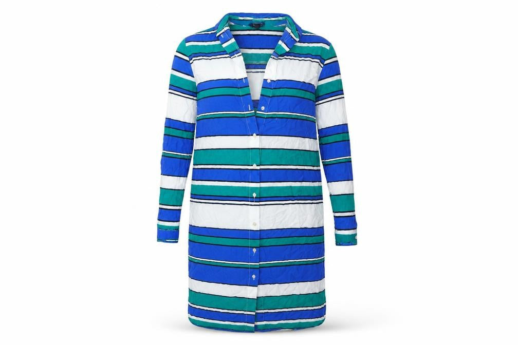 Front view of h&m women’s blue striped shirt dress, size UK 4
