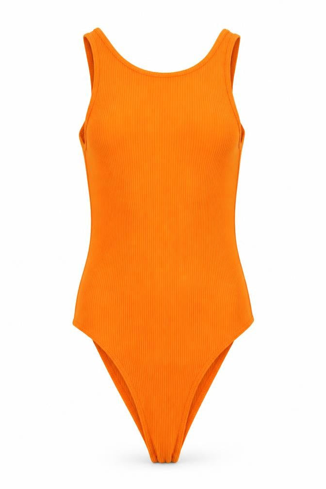 Front view of Primark women’s orange leotard one-piece, size S