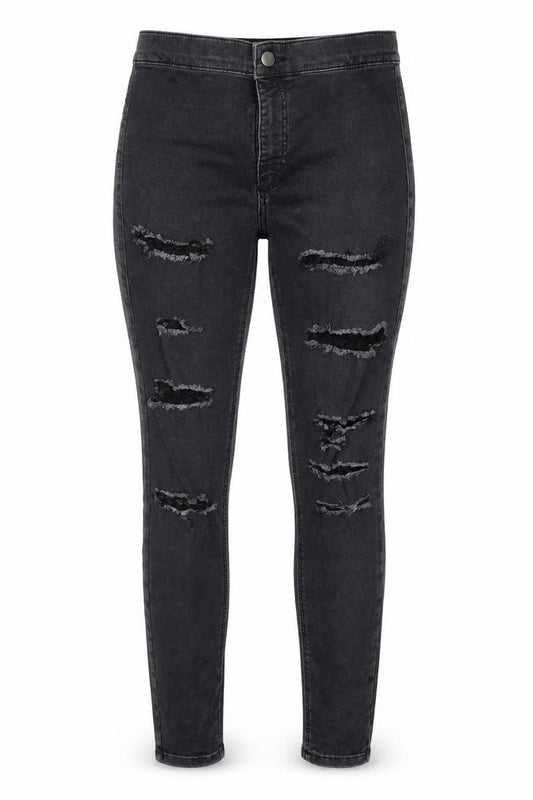 Front view of Topshop women’s grey denim skinny jeans, size UK 28, in, 27-inch leg