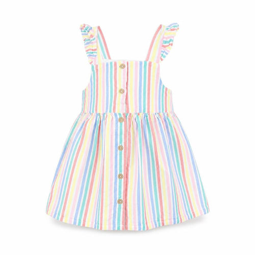 F&F Girls Multicoloured Striped Woven Pinafore/Dungaree Dress  Size 9-12 Months