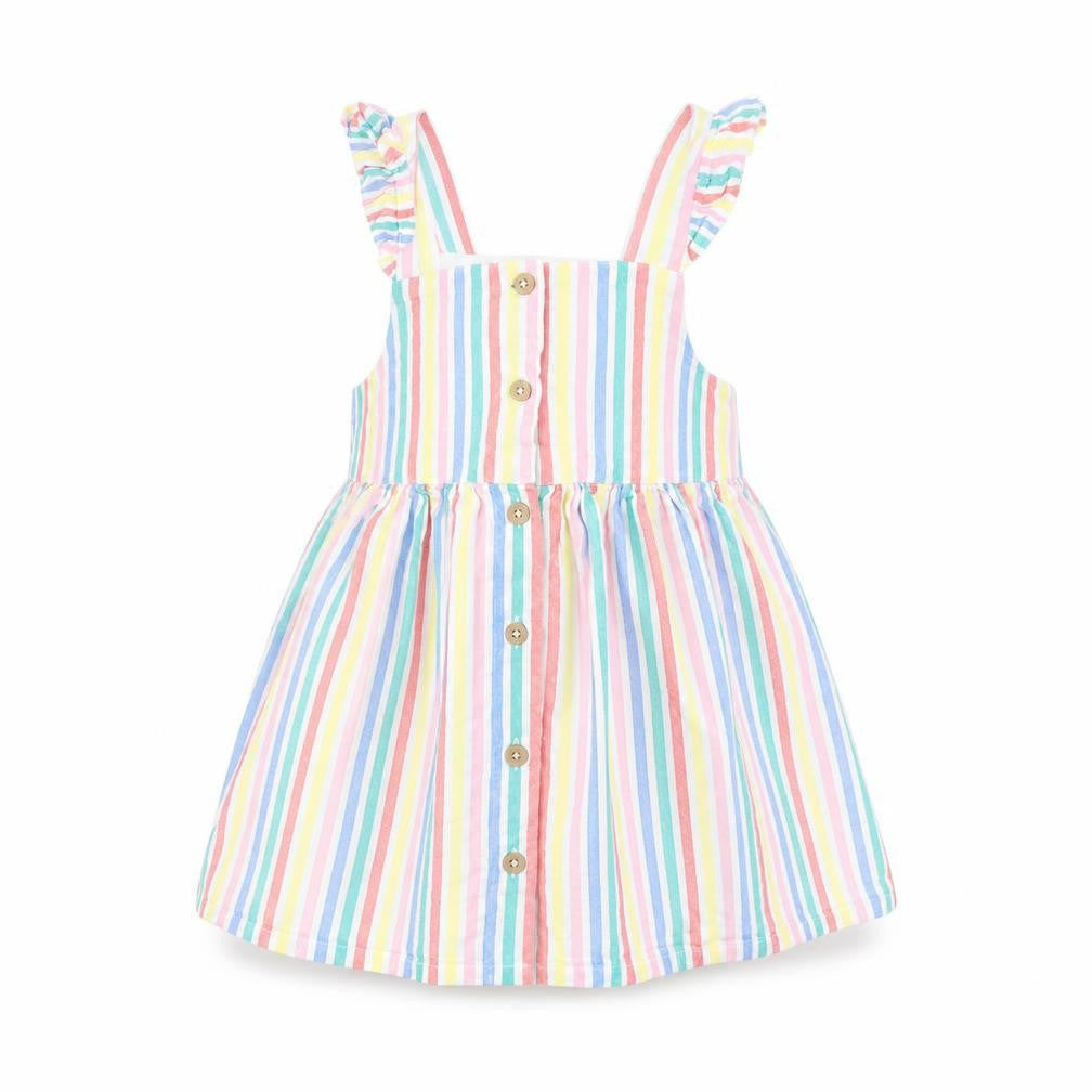 F&F Girls Multicoloured Striped Woven Pinafore/Dungaree Dress  Size 9-12 Months