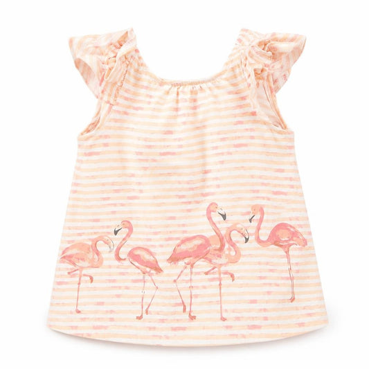 Front view of Savanah girls’ pink striped jersey basic t-shirt, size 9-12, months - flamingo