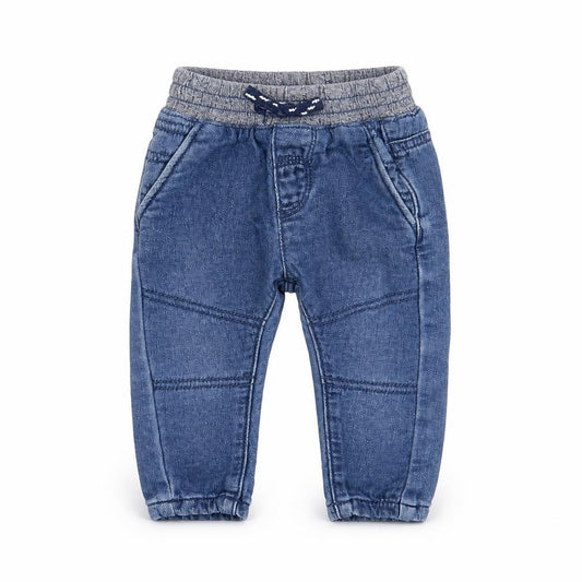 Front view of Nutmeg boys’ blue jogger trousers, size 0-3, months