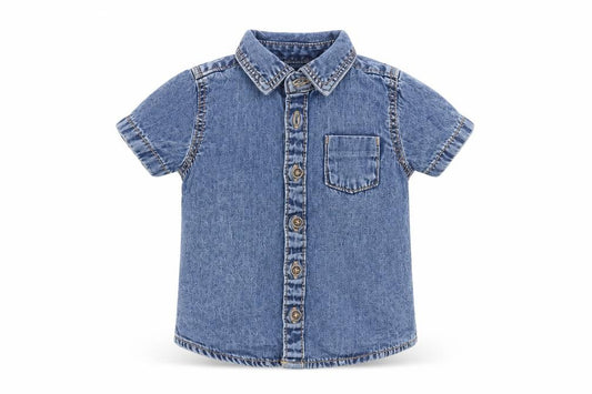 Front view of Denim CO boys’ blue basic button-up, size 6-9, months