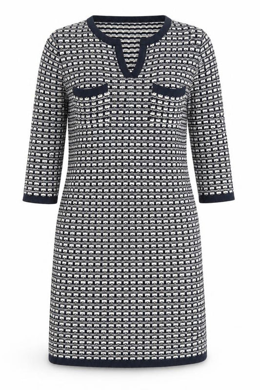 Front view of Marks & Spencer women’s blue fair isle jumper dress, size UK 8