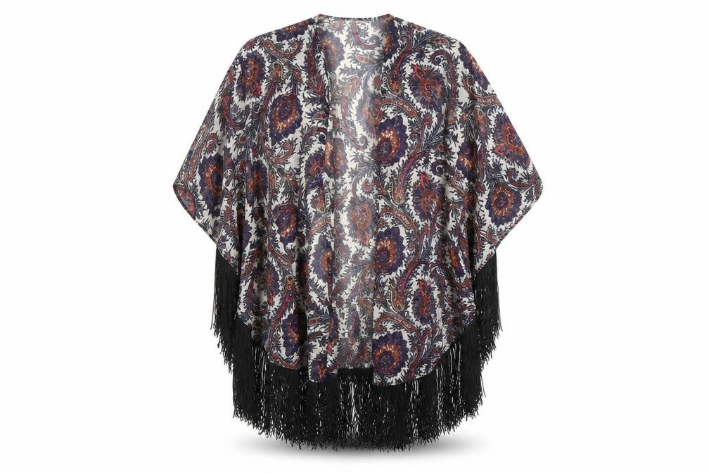 Select Womens Multicoloured Paisley  Kimono Poncho Size 12  - Tassel Hem