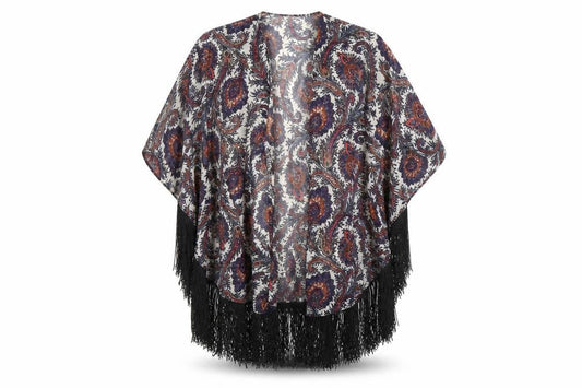 Front view of Select women’s multicoloured paisley kimono poncho, size UK 12, - tassel hem