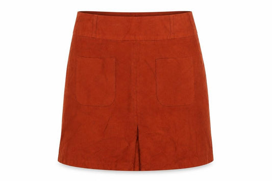Front view of Be Beau women’s brown velour straight & pencil skirt, size UK 8, - faux suede