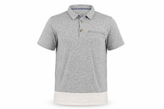 Front view of quality outfitters boys’ grey basic polo, size 10, years