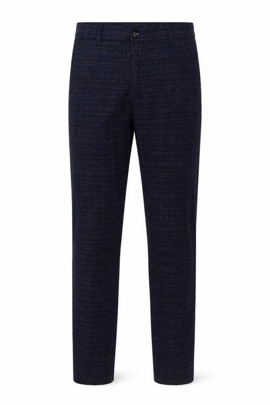 Front view of Fashion Apparel men’s blue trousers, size 34, in, 29-inch leg