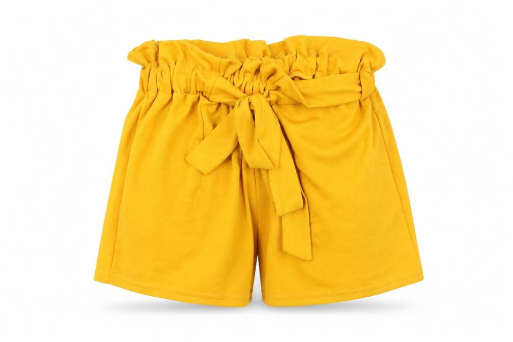 Front view of PRETTYLITTLETHING women’s yellow paperbag shorts, size UK 6