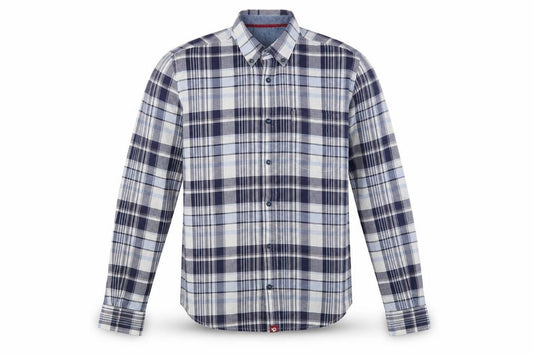 Front view of D555 men’s blue striped woven button-up, size M