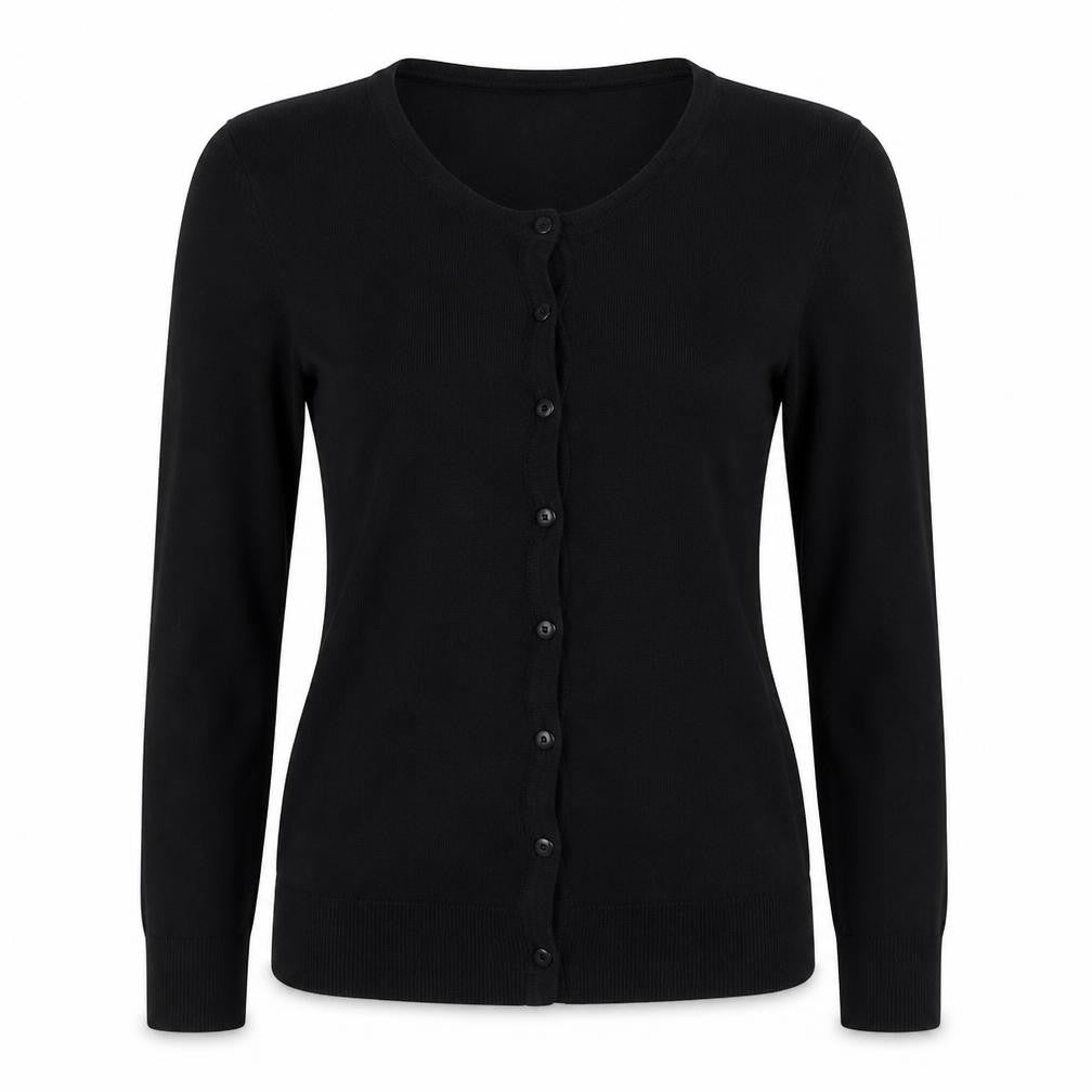 Front view of H&M women’s black cardigan jumper, size UK 4