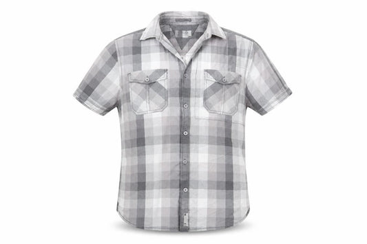 Front view of Burton men’s grey check button-up, size S