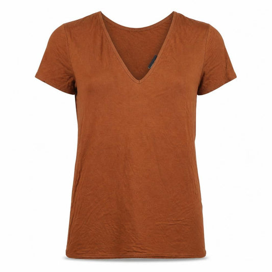 Front view of PRETTYLITTLETHING women’s brown basic t-shirt, size UK 10, - oversized