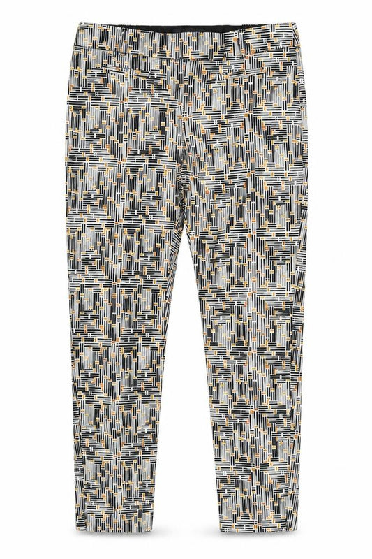 Front view of Next women’s multicoloured geometric trousers, size UK 8, 26-inch leg