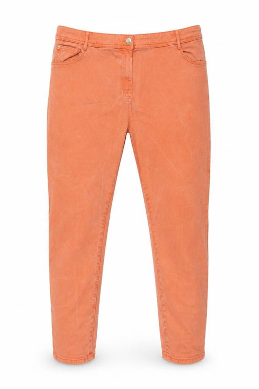 Front view of Soft Touch women’s orange skinny jeans, size UK 26, 27-inch leg