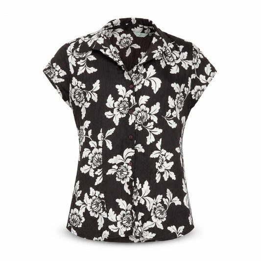 Front view of New Look women’s black floral basic button-up, size UK 10