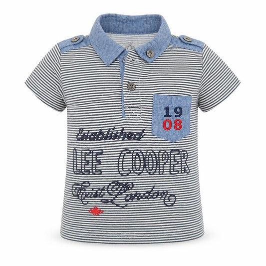 Front view of Lee Cooper boys’ blue striped basic polo, size 18-24, months