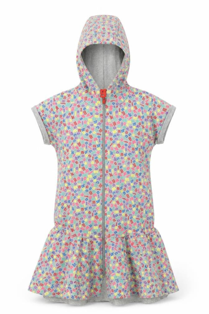 Front view of H&M women’s grey polka dot jumper dress, size UK 6