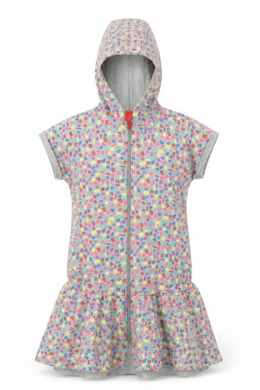 Front view of H&M women’s grey polka dot jumper dress, size UK 6