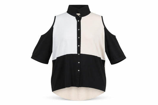 Front view of Quiz women’s black basic button-up, size UK 8