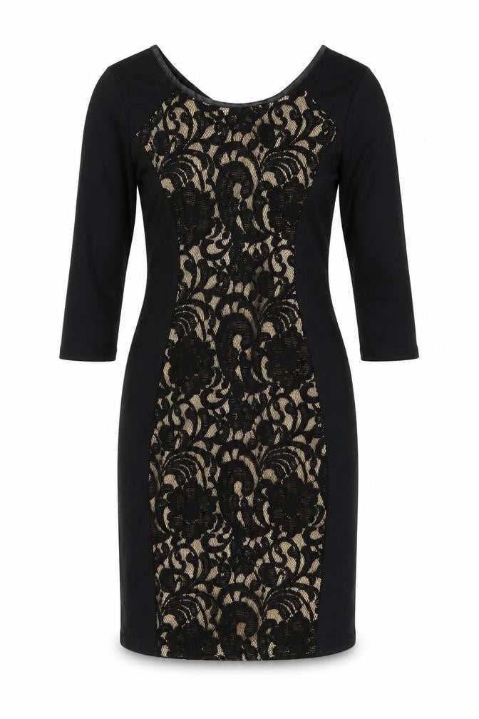 Front view of Greence women’s black sheath, size M, - lace panel