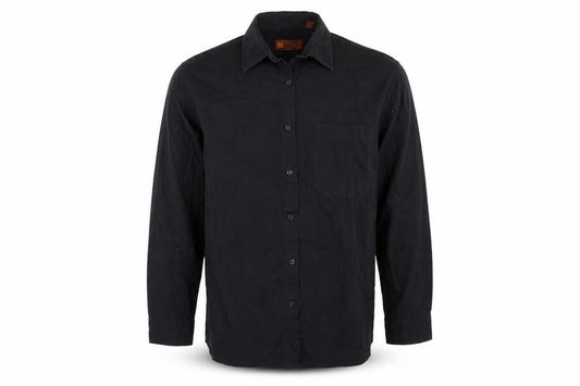 Front view of hazards men’s black button-up, size 17