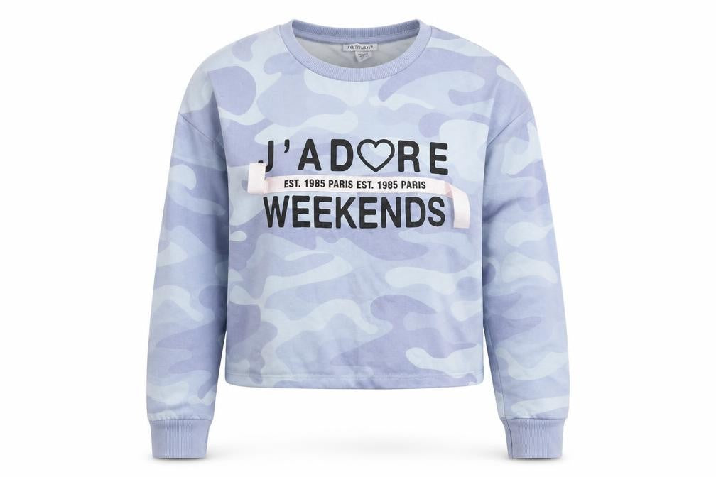 Front view of Primark girls’ blue camouflage pullover hoodie, size 13-14, years