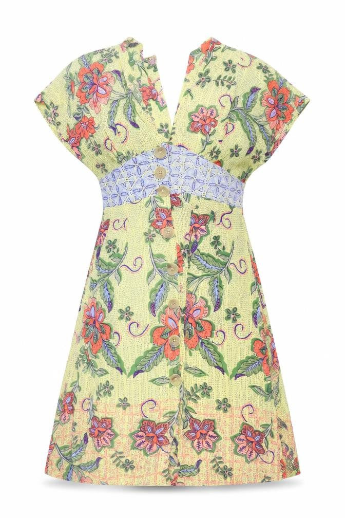 Angie Womens Yellow Floral  Fit & Flare  Size S