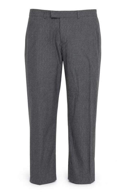Front view of Debenhams men’s grey striped dress pants trousers, size 36, in, 28-inch leg