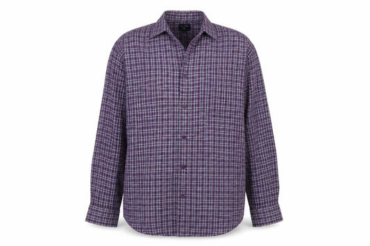 Front view of EWM men’s purple striped woven button-up, size M