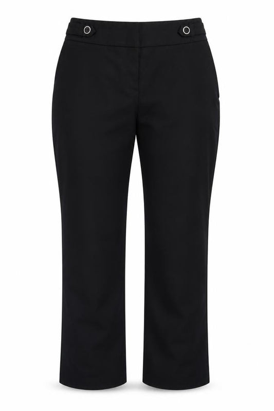 Front view of Preworn women’s black trousers, size UK 14, 26-inch leg