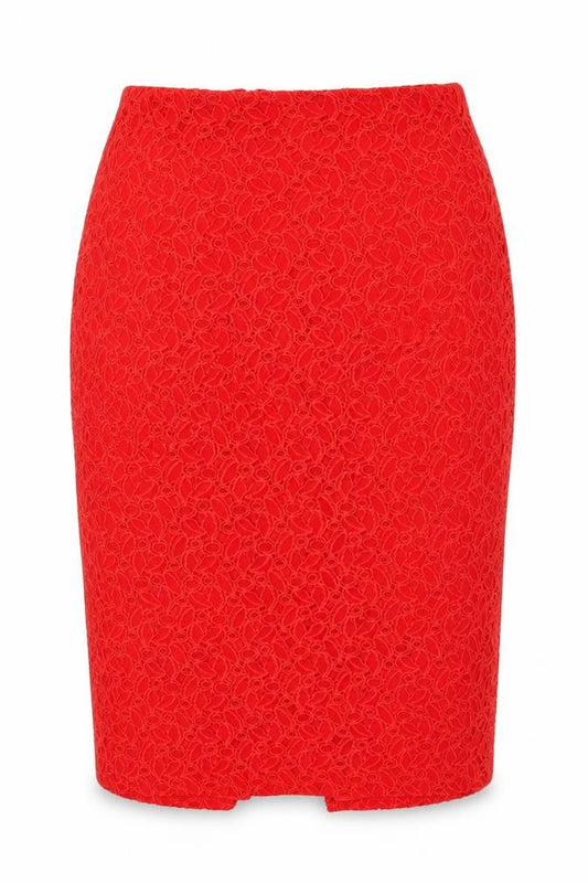 Front view of Papaya women’s red floral lace straight & pencil skirt, size UK 12