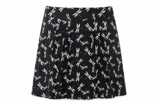 Front view of Preworn women’s black geometric flare skirt, size UK 30, in